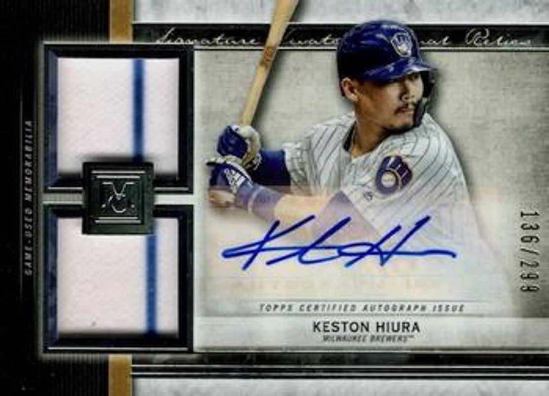 Keston Hiura 2020 Topps Museum Collection #SSDA-JA Single-Player Signatures Swatches Dual Relic Autographs /299 RAW