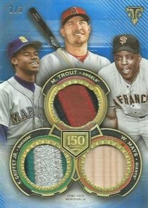 Ken Griffey Jr. / Mike Trout / Willie Mays 2019 Topps Triple Threads #150YR-MGT 150 Years of Baseball Triple Relic - Sapphire /3 RAW