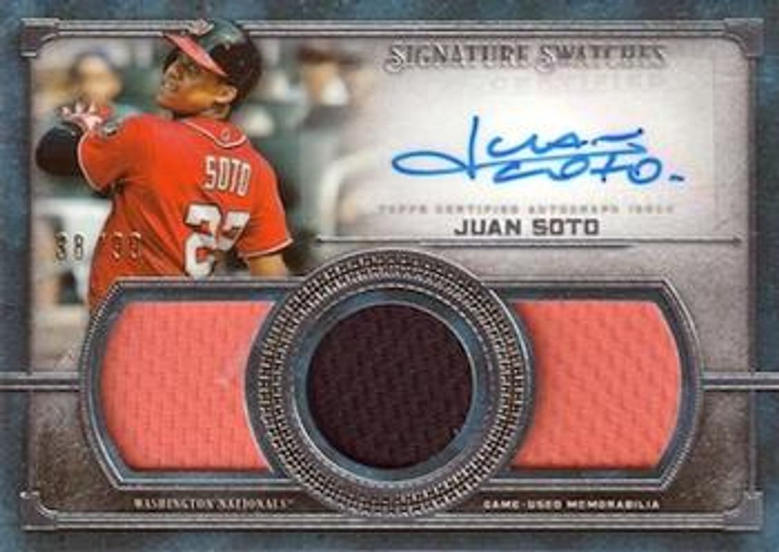 Juan Soto 2019 Topps Museum Collection #SSTA-JSO Single-Player Signatures Swatches Triple Relic Autographs /99 RAW