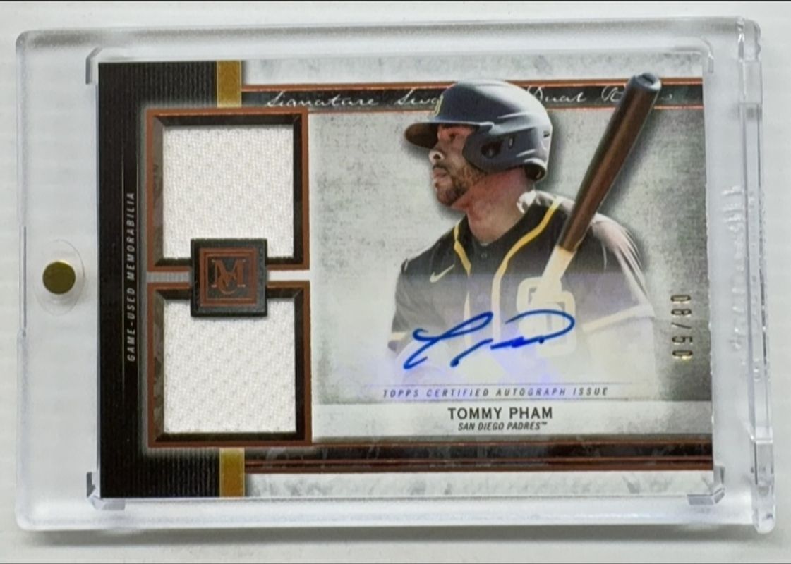 Tommy Pham 2019 Topps Museum Collection #SSDA-TP Single-Player Signatures Swatches Dual Relic Autographs - Copper /50 RAW