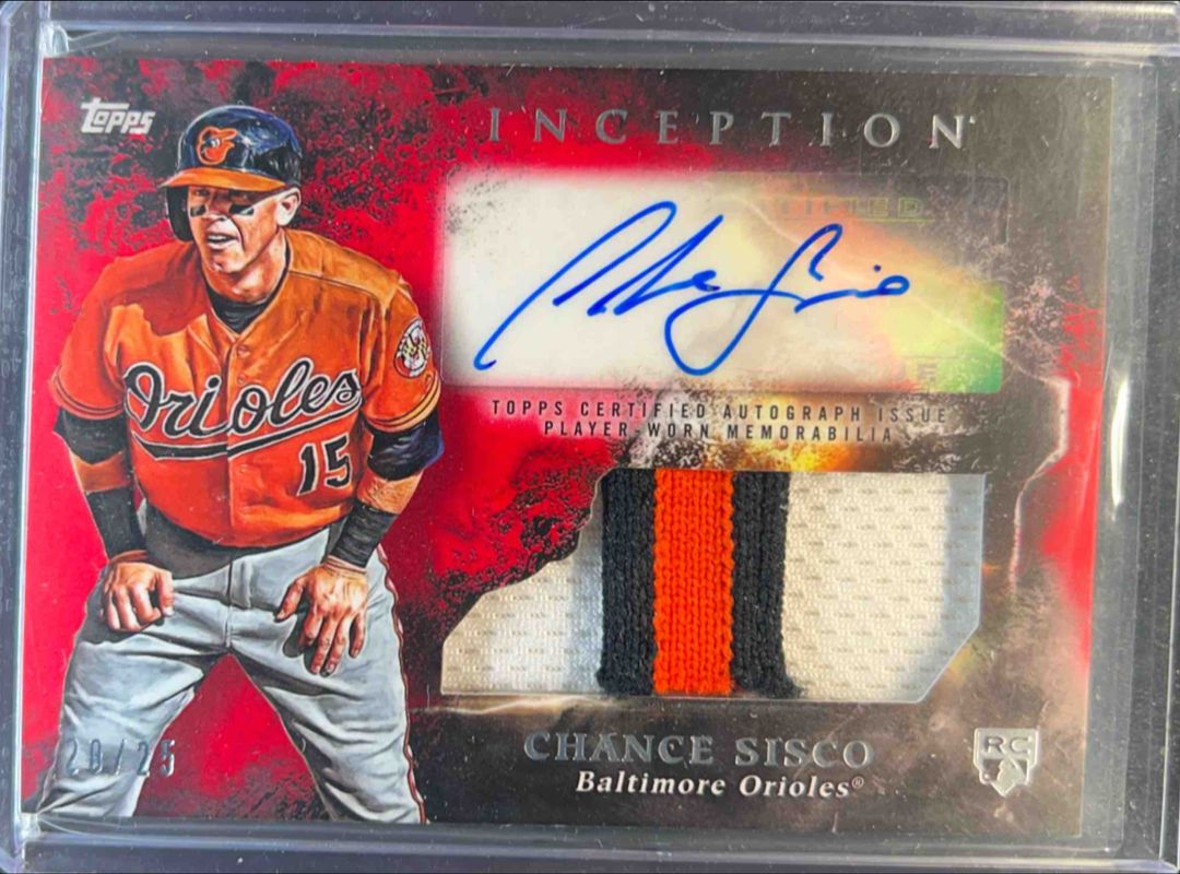 Chance Sisco 2018 Topps Inception #IAP-CSI Inception Autographs Patch Relics - Red /25 Rookie RAW