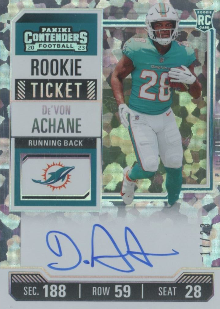 De'Von Achane 2023 Contenders #109 Rookie Ticket Auto - Cracked