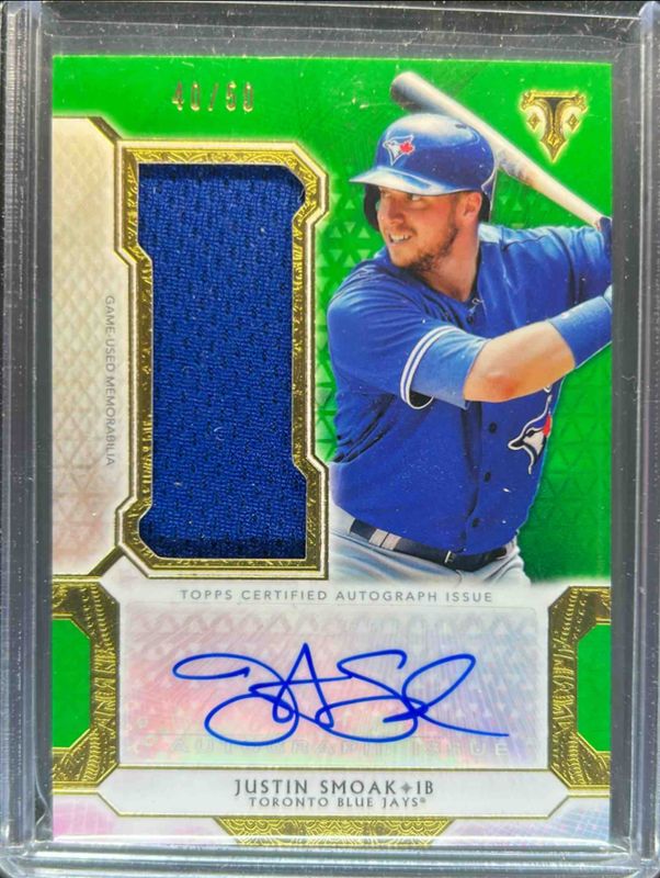 Justin Smoak 2018 Topps Triple Threads #UAJR-JSM Single Autographs Jumbo Relics - Emerald /50 RAW
