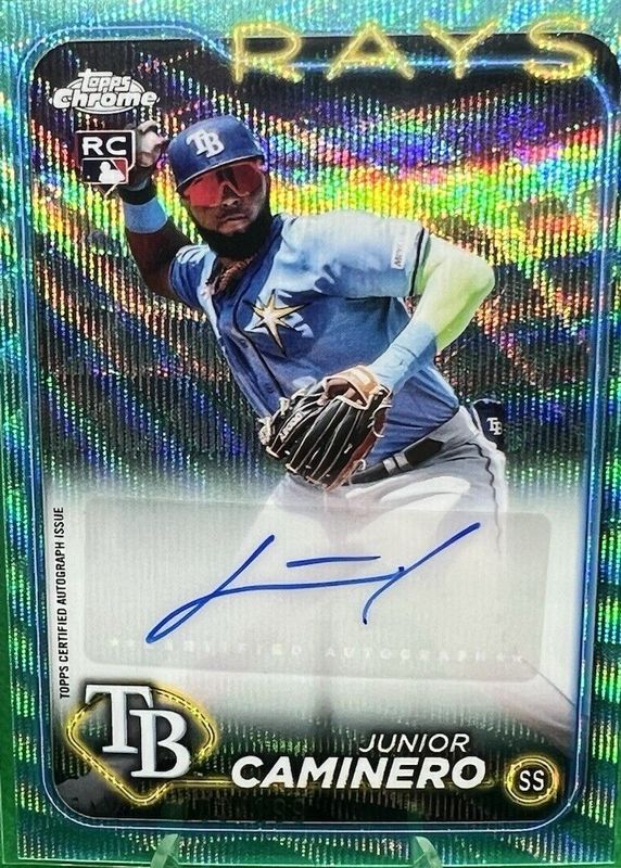 Junior Caminero 2024 Topps Chrome Update #AC-JCA Autographs - Aqua Wave Refractor /199 Rookie PSA 8