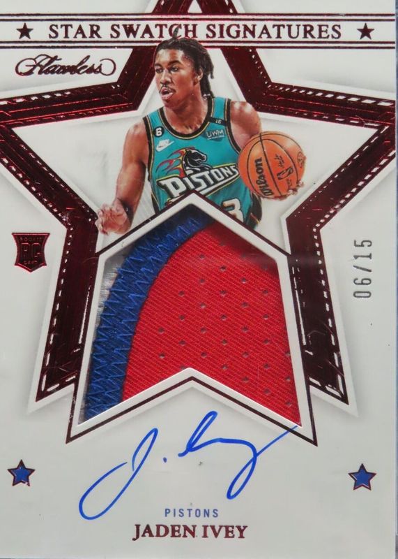 Jaden Ivey 2022 Flawless #SSS-JIV Star Swatch Signatures - Ruby /15 Rookie PSA 10