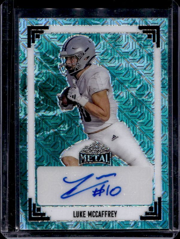 Luke McCaffrey 2024 Leaf Metal #91A-LMC 91 Leaf Autographs - Mojo Water /4 Rookie RAW