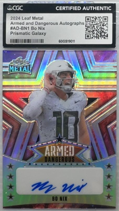 Bo Nix 2024 Leaf Metal #AD-BN1 Armed & Dangerous Autographs Prismatic Galaxy /1 Rookie RAW