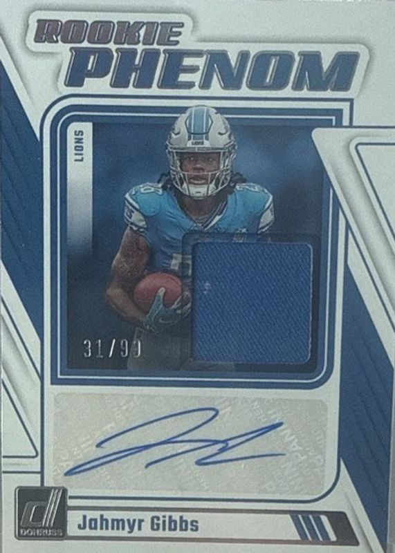 Jahmyr Gibbs 2023 Donruss #RPJA-JGIB Rookie Phenom Jersey Autographs (/99) RAW