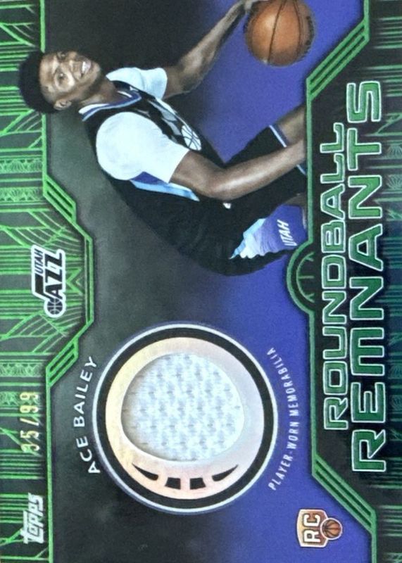 Ace Bailey 2025 Topps #RRR-AB Rookie Roundball Remnants - Green Rainbow /99 RAW