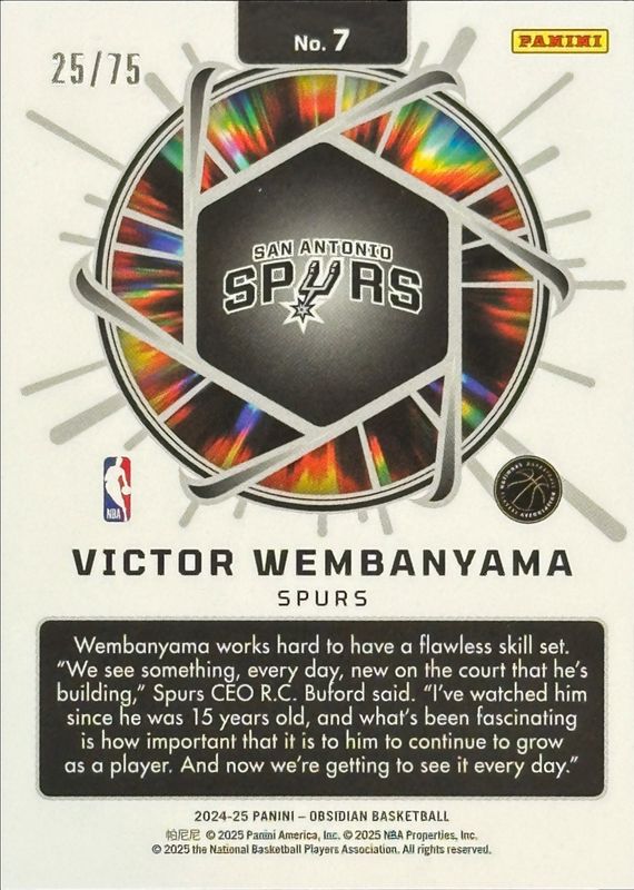 Victor Wembanyama 2024 Obsidian #7 Supernova - Electric Etch Purple Flood /75 RAW