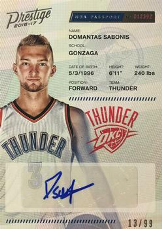 Domantas Sabonis 2016 Prestige #22 NBA Passport Signatures /99 Rookie RAW