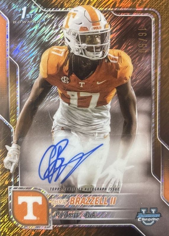 Chris Brazzell II 2025 Bowman Chrome University #BCA-CB Prospect Auto - Gold Shimmer Refractor /50 (1st) RAW