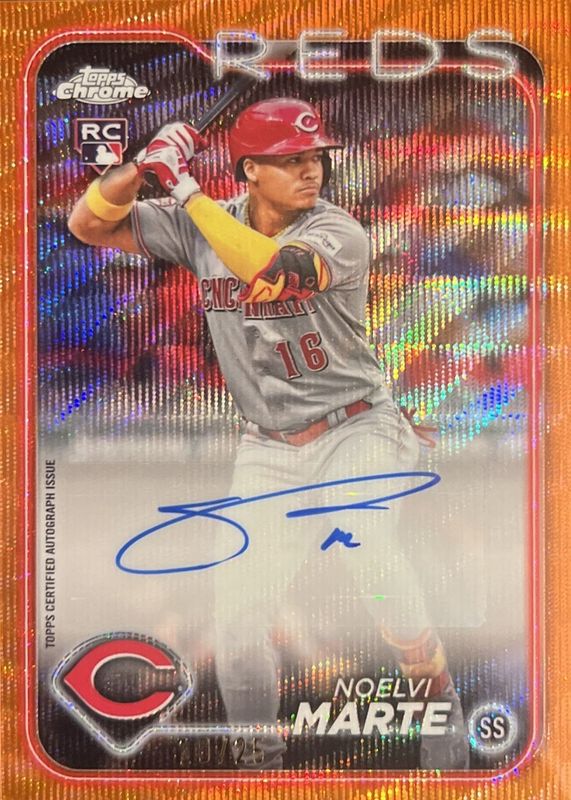Noelvi Marte 2024 Topps Chrome Update #AC-NM Autographs - Orange Wave Refractor /25 Rookie RAW