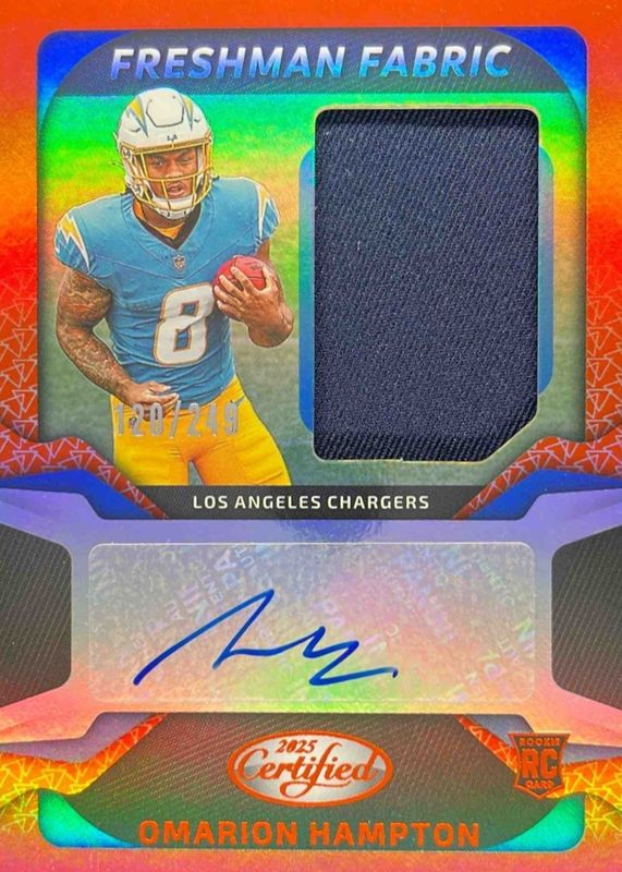 Omarion Hampton 2025 Certified #FBC-OHN Freshman Fabric Signatures - Mirror Orange /249 Rookie RAW