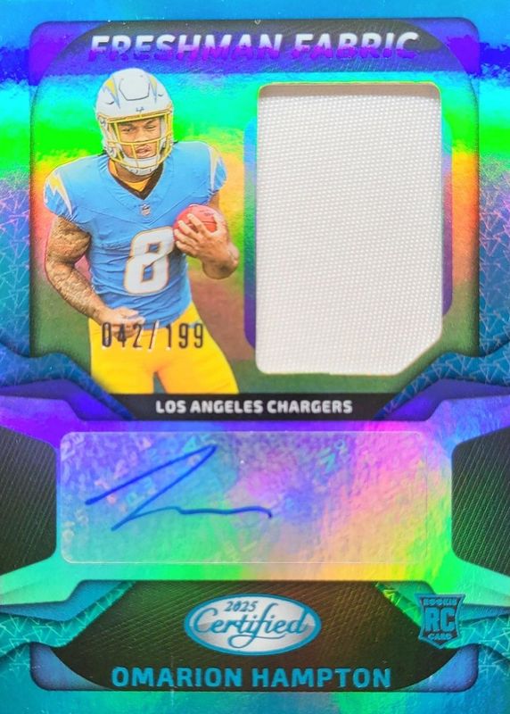 Omarion Hampton 2025 Certified #FBC-OHN Freshman Fabric Signatures - Mirror Teal /199 Rookie RAW