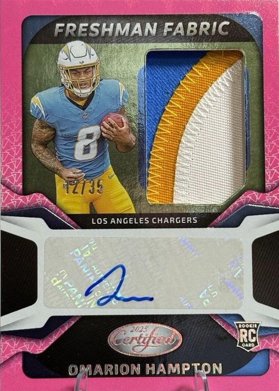 Omarion Hampton 2025 Certified #FBC-OHN Freshman Fabric Signatures - Pink Etch /35 Rookie RAW