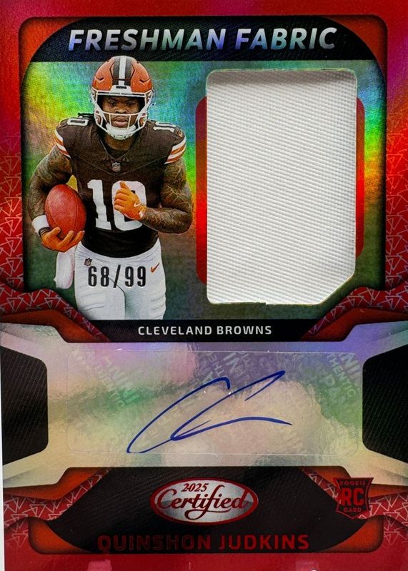 Quinshon Judkins 2025 Certified #FBC-QJS Freshman Fabric Signatures - Mirror Red /99 Rookie RAW