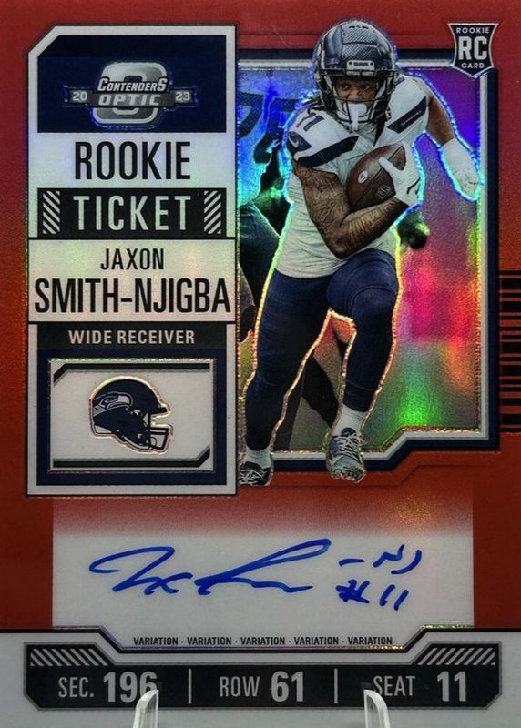 Jaxon Smith-Njigba 2023 Contenders Optic #117 Rookie Ticket Auto Variation - Red /99 RAW