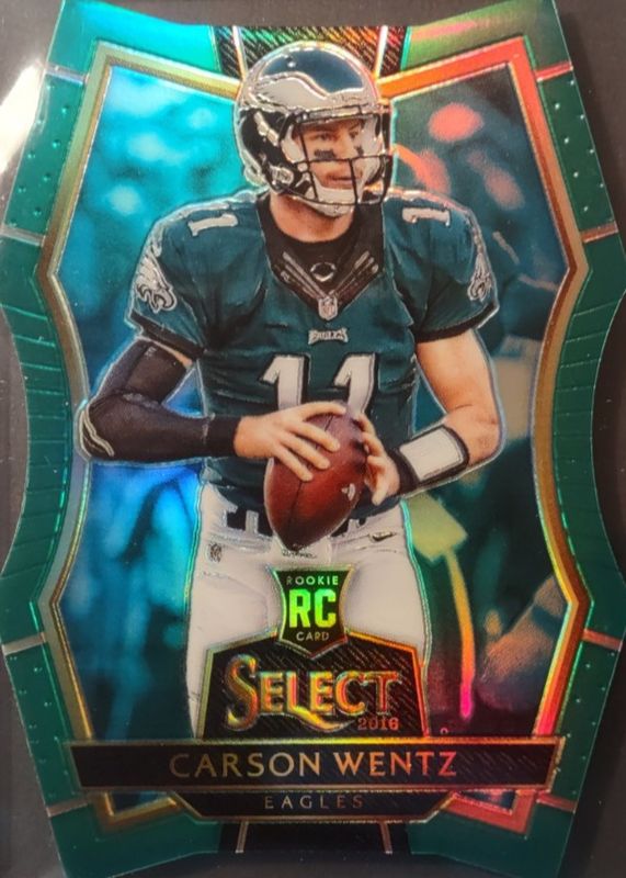 Carson Wentz 2016 Select #135 Premier Level Green Die-Cut /5 Rookie RAW