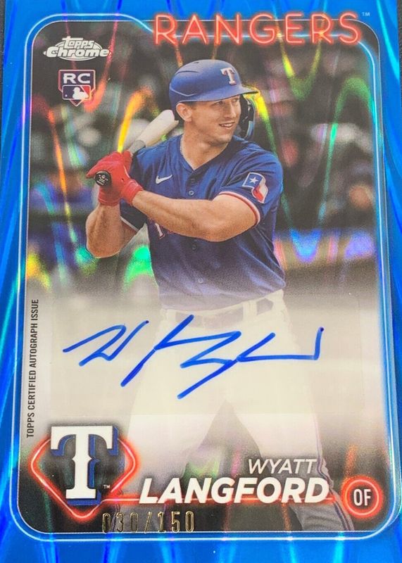 Wyatt Langford 2024 Topps Chrome Update #AC-WL Autographs - Blue RayWave Refractor /150 Rookie RAW