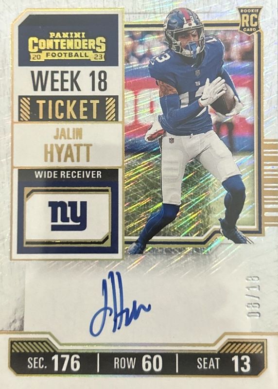 Jalin Hyatt 2023 Contenders #115 Rookie Ticket Auto - Week 18 /18 RAW