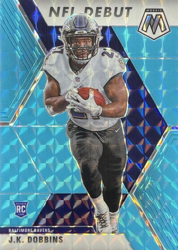 JK Dobbins 2020 Mosaic #275 NFL Debut - Blue Fluorescent /15 Rookie RAW