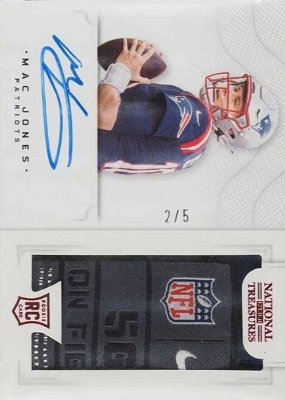 Mac Jones 2021 National Treasures #CRS-MJ Crossover Rookie Patch Autographs - Laundry Tag /5 RAW