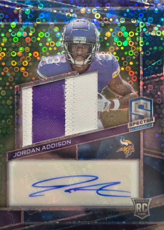 Jordan Addison 2023 Spectra #220 Rookie Patch Auto - Neon Blue /50 PSA 9