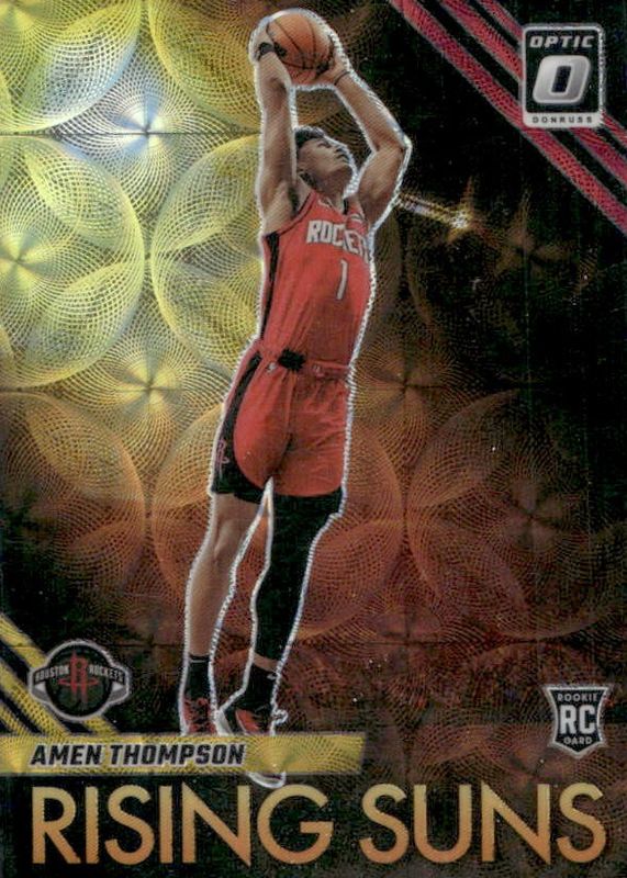 Amen Thompson 2023 Optic #15 Rising Suns - International Red & Gold /99 Rookie RAW