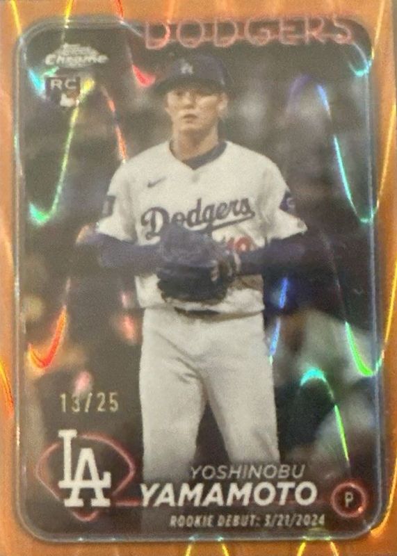 Yoshinobu Yamamoto 2024 Topps Chrome Update #USC108 Rookie Debut - Orange RayWave Refractor /25 RAW