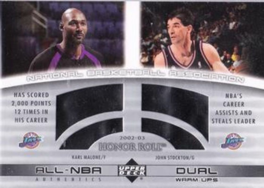John Stockton / Karl Malone 2002 Upper Deck Honor Roll #KM/JS-W All NBA Authentics Dual Warm ups RAW
