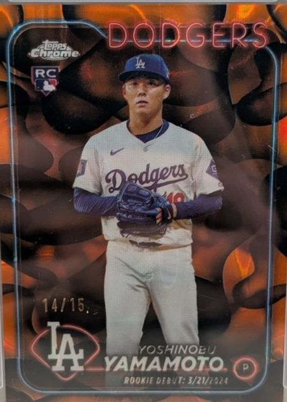 Yoshinobu Yamamoto 2024 Topps Chrome Update #USC108 Rookie Debut - Orange & Black Lava Lamp Refractor /15 RAW