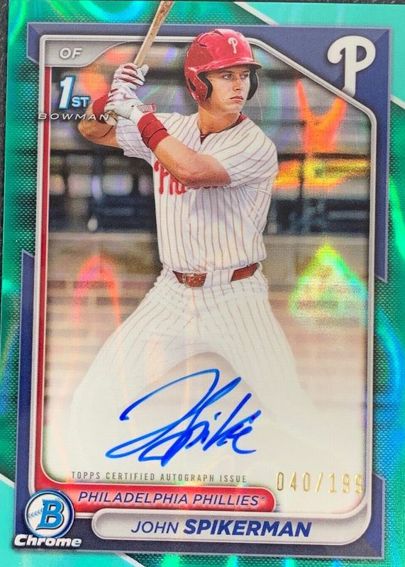 John Spikerman 2024 Bowman Draft #CPA-JSP Chrome DP Auto - Aqua Lava Refractor /199 (1st) RAW