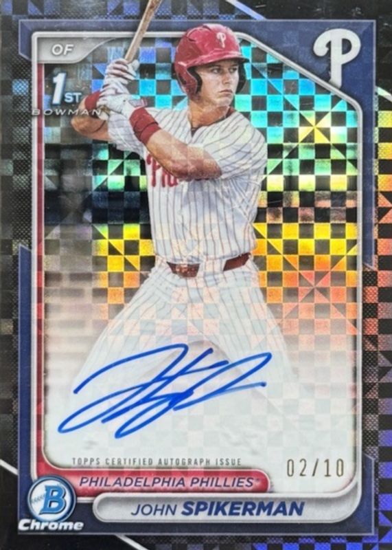John Spikerman 2024 Bowman Draft #CPA-JSP Chrome DP Auto - Black X-Fractor /10 (1st) RAW