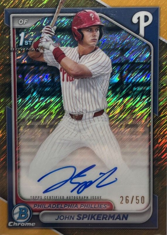 John Spikerman 2024 Bowman Draft #CPA-JSP Chrome DP Auto - Gold Shimmer Refractor /50 (1st) RAW