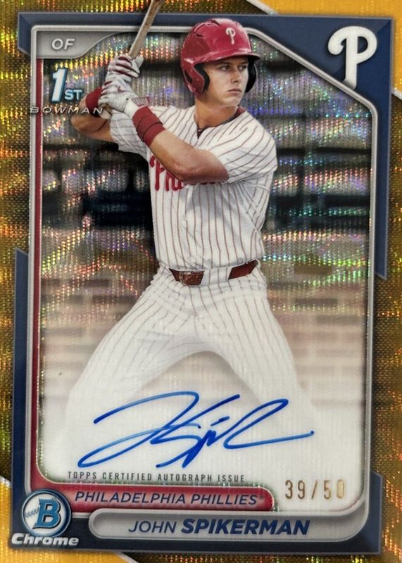 John Spikerman 2024 Bowman Draft #CPA-JSP Chrome DP Auto - Gold Wave Refractor /50 (1st) RAW