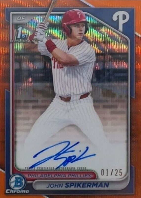 John Spikerman 2024 Bowman Draft #CPA-JSP Chrome DP Auto - Orange Wave Refractor /25 (1st) RAW