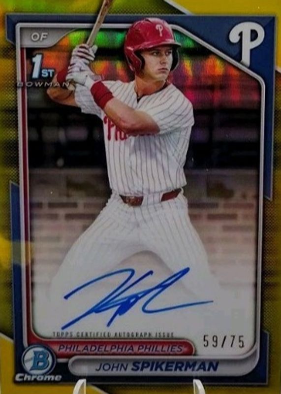 John Spikerman 2024 Bowman Draft #CPA-JSP Chrome DP Auto - Yellow Refractor /75 (1st) RAW
