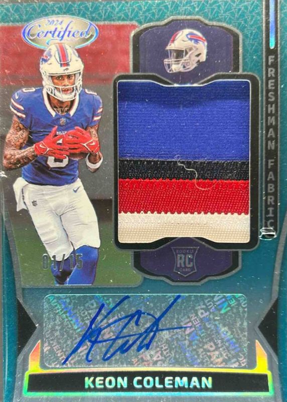 Keon Coleman 2024 Certified #FMS-KCN Freshman Fabric Signatures - Mirror Teal Etch /15 Rookie RAW
