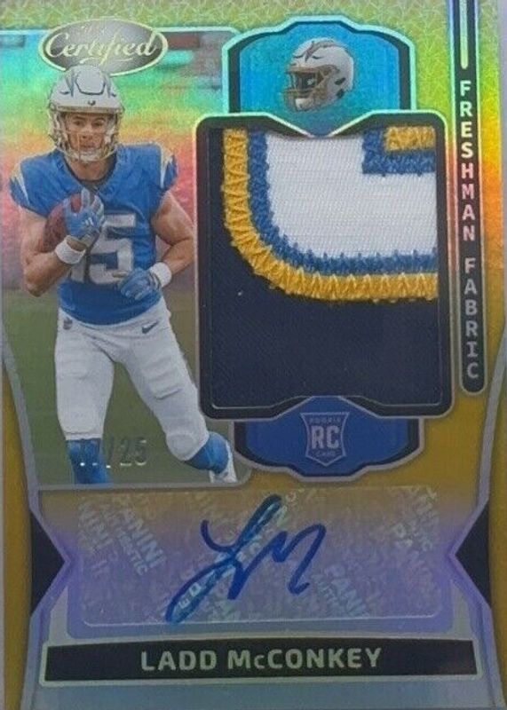 Ladd McConkey 2024 Certified #FMS-LMY Freshman Fabric Signatures - Mirror Gold /25 Rookie RAW