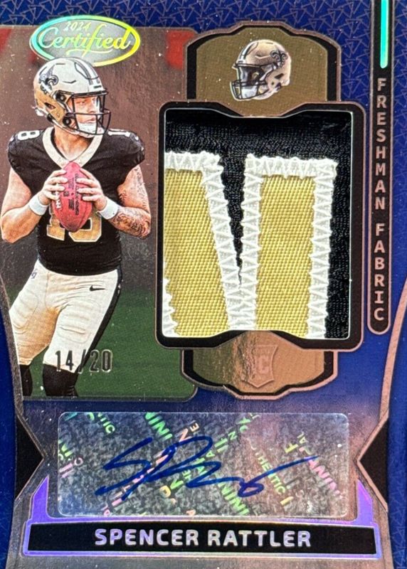 Spencer Rattler 2024 Certified #FMS-SRR Freshman Fabric Signatures - Mirror Blue Etch /20 Rookie RAW