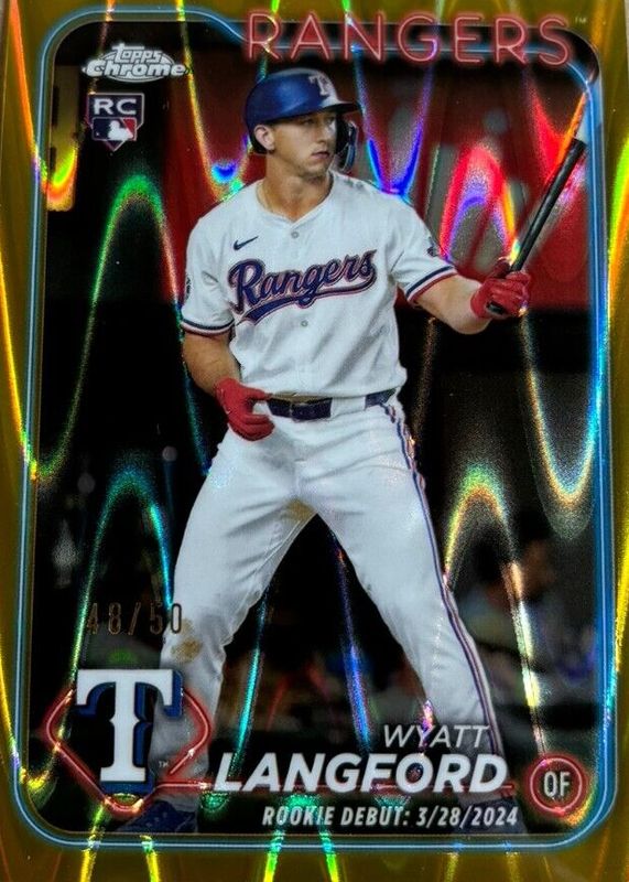 Wyatt Langford 2024 Topps Chrome Update #USC37 Rookie Debut - Gold RayWave Refractor /50 PSA 8