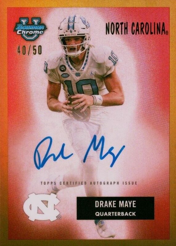 Drake Maye 2023 Bowman Chrome University #55B-DMA 1955 Bowman Football Autographs - Gold Refractor /50 PSA 10