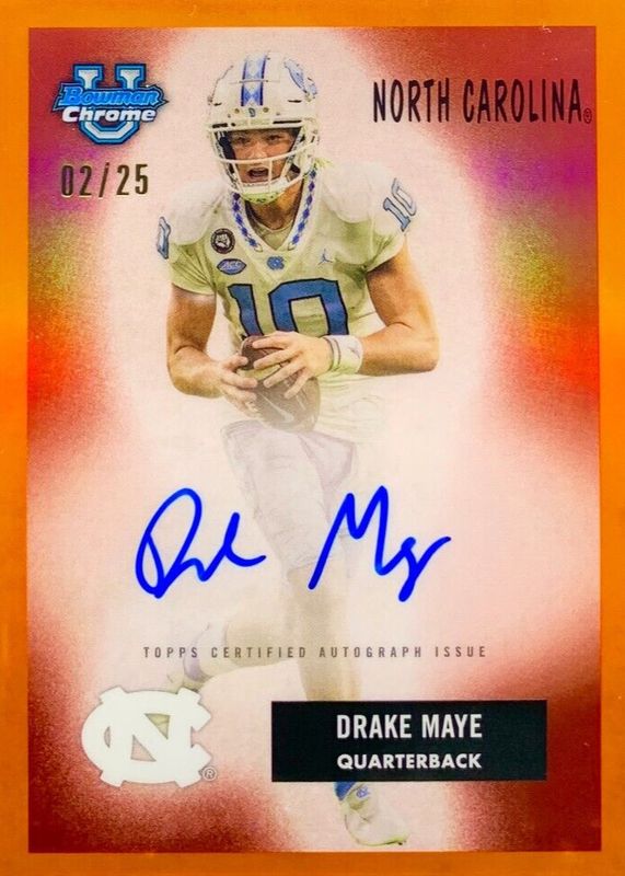 Drake Maye 2023 Bowman Chrome University #55B-DMA 1955 Bowman Football Autographs - Orange Refractor /25 PSA 10