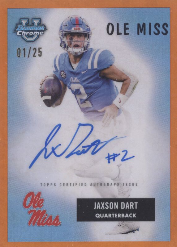 Jaxson Dart 2023 Bowman Chrome University #55B-JD 1955 Bowman Football Autographs - Orange Refractor /25 PSA 10