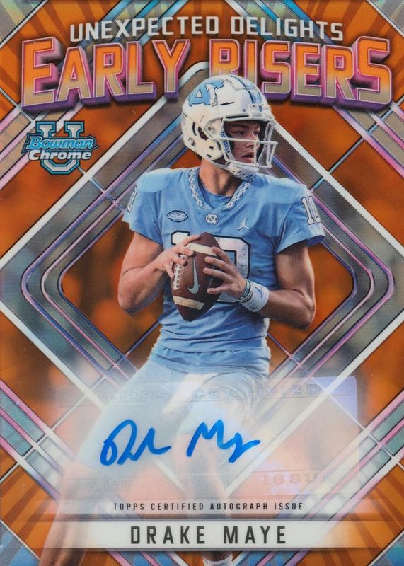 Drake Maye 2023 Bowman Chrome University #ER-2 Unexpected Delights Early Risers Autographs - Orange Refractor /25 PSA 10