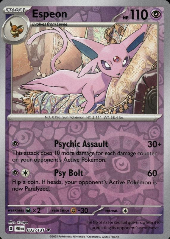 Espeon 2025 Scarlet & Violet: Prismatic Evolutions #033/131 Reverse Holo PSA 10