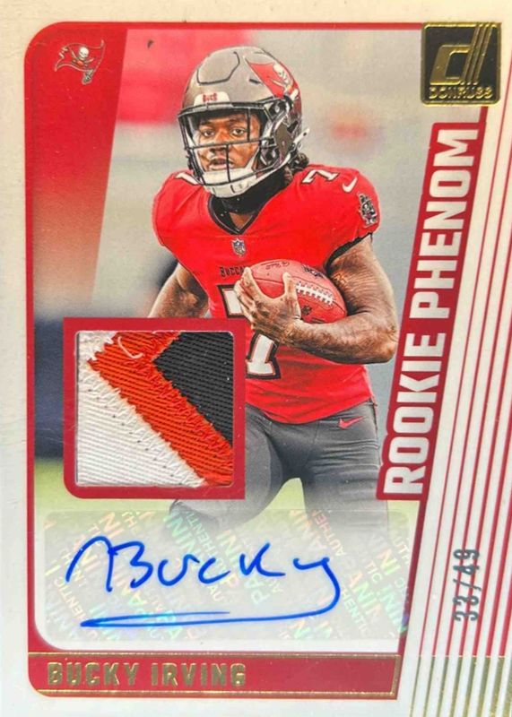 Bucky Irving 2024 Donruss #RJA-BIR Rookie Phenom Jersey Autographs - Prime /49 RAW