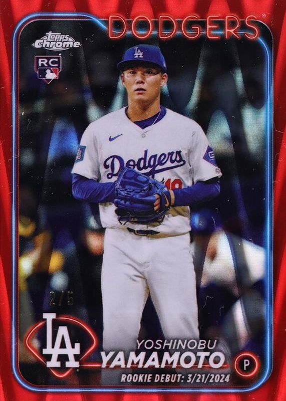 Yoshinobu Yamamoto 2024 Topps Chrome Update #USC108 Rookie Debut - Red RayWave Refractor /5 RAW