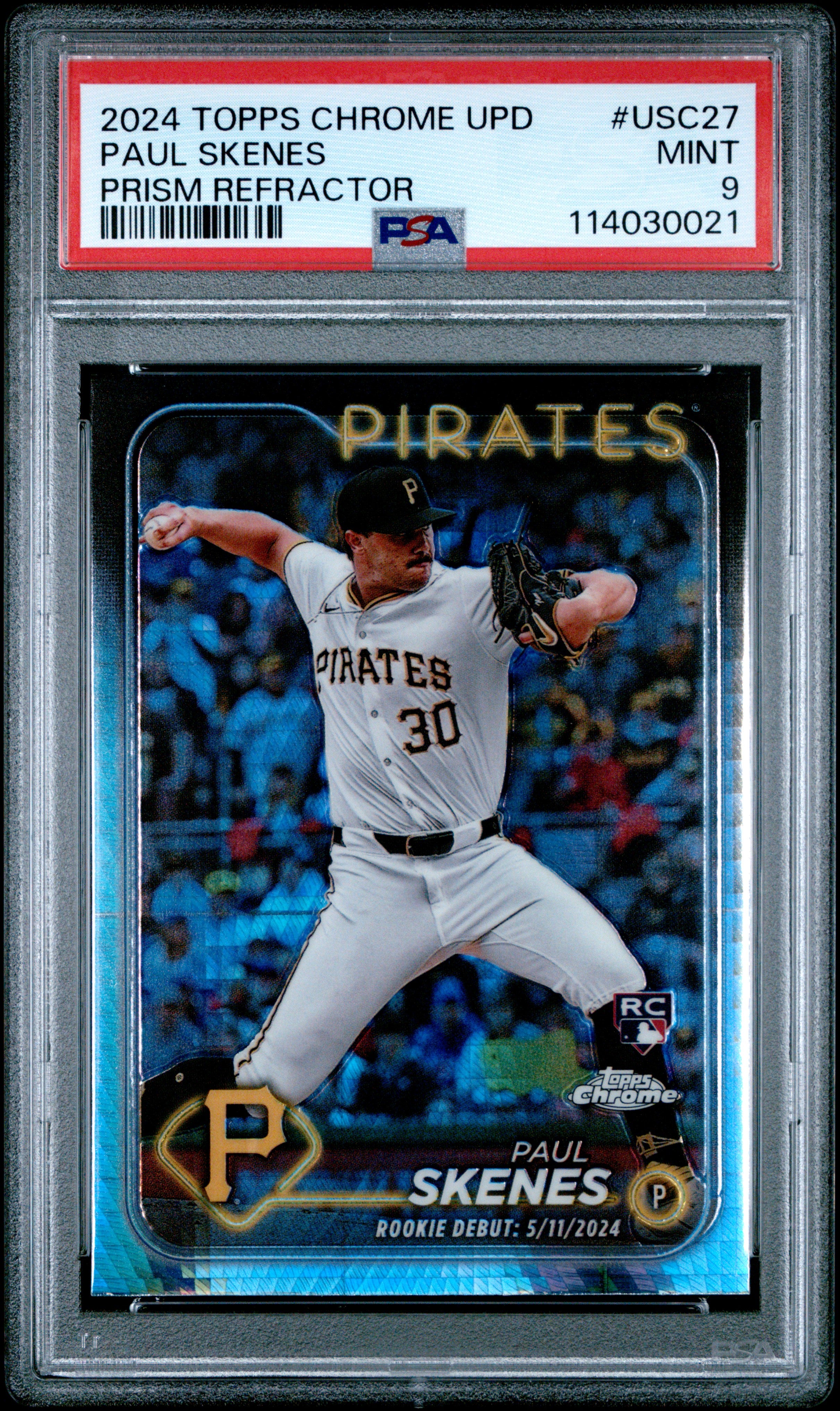 PAUL SKENES | 2024 TOPPS CHROME UPDATE USC27 | PRISM REFRACTOR | PSA MINT 9